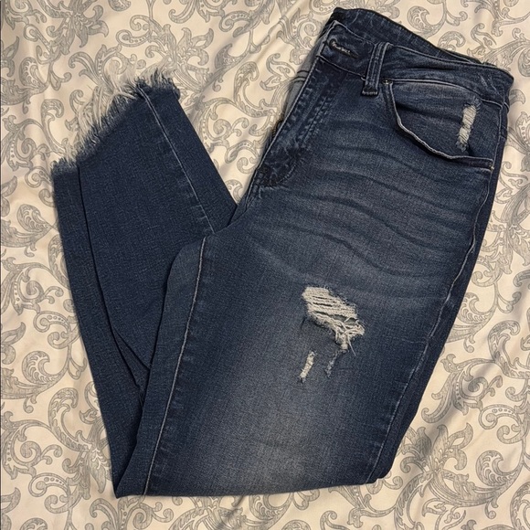 KanCan- Blue Cropped Ankle Jeans with Distressed Hem - Picture 3 of 5